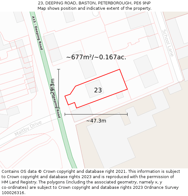 23, DEEPING ROAD, BASTON, PETERBOROUGH, PE6 9NP: Plot and title map