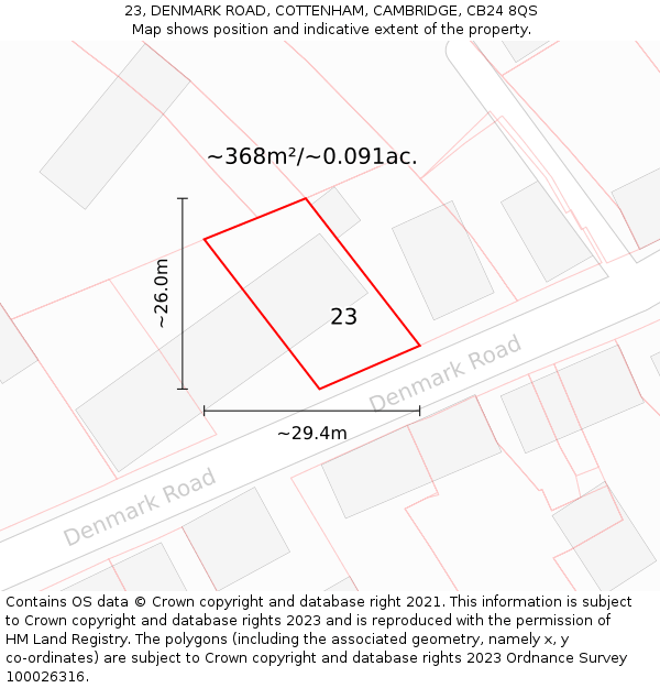 23, DENMARK ROAD, COTTENHAM, CAMBRIDGE, CB24 8QS: Plot and title map
