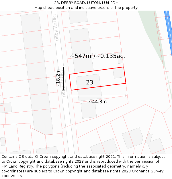 23, DERBY ROAD, LUTON, LU4 0DH: Plot and title map