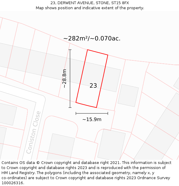 23, DERWENT AVENUE, STONE, ST15 8FX: Plot and title map