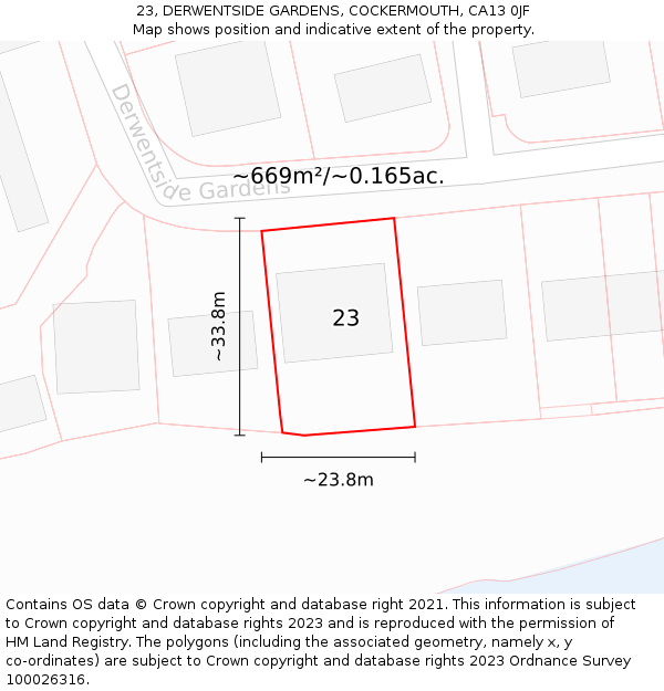 23, DERWENTSIDE GARDENS, COCKERMOUTH, CA13 0JF: Plot and title map