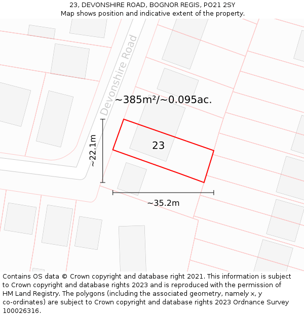 23, DEVONSHIRE ROAD, BOGNOR REGIS, PO21 2SY: Plot and title map