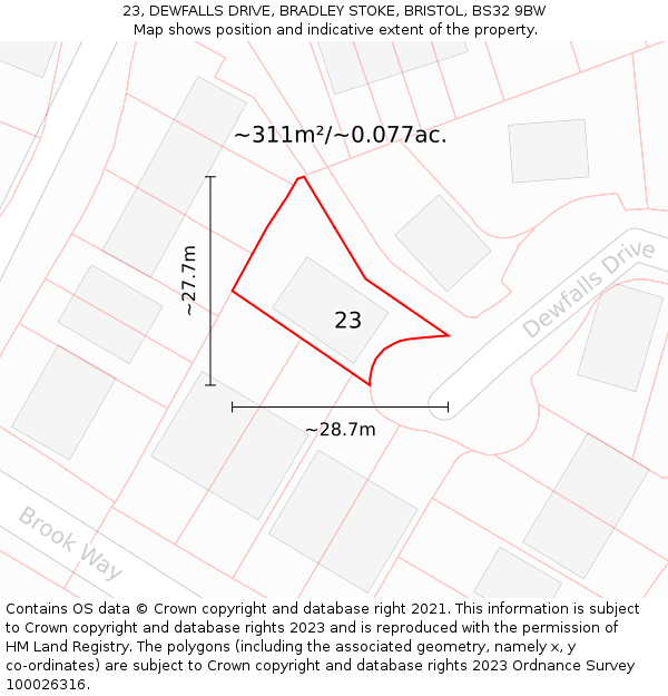 23, DEWFALLS DRIVE, BRADLEY STOKE, BRISTOL, BS32 9BW: Plot and title map