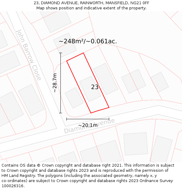 23, DIAMOND AVENUE, RAINWORTH, MANSFIELD, NG21 0FF: Plot and title map