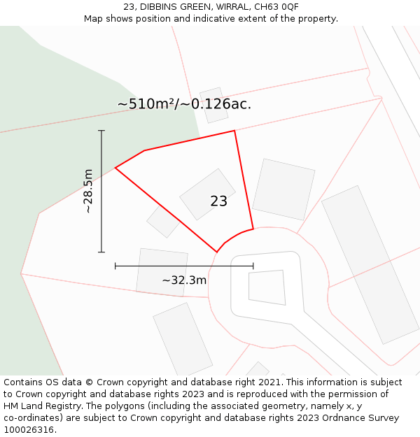 23, DIBBINS GREEN, WIRRAL, CH63 0QF: Plot and title map