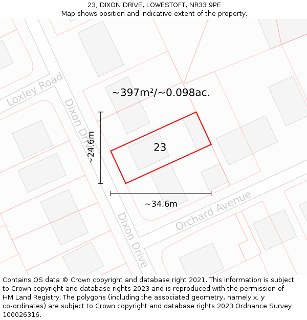 23, DIXON DRIVE, LOWESTOFT, NR33 9PE: Plot and title map
