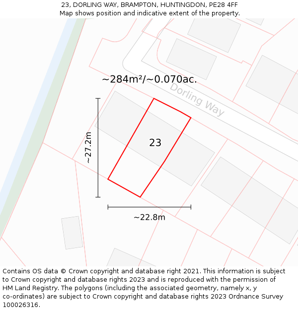 23, DORLING WAY, BRAMPTON, HUNTINGDON, PE28 4FF: Plot and title map