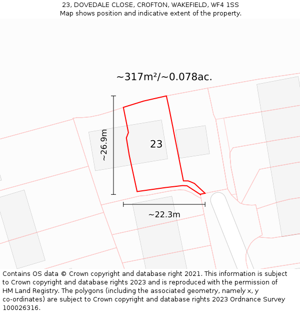 23, DOVEDALE CLOSE, CROFTON, WAKEFIELD, WF4 1SS: Plot and title map
