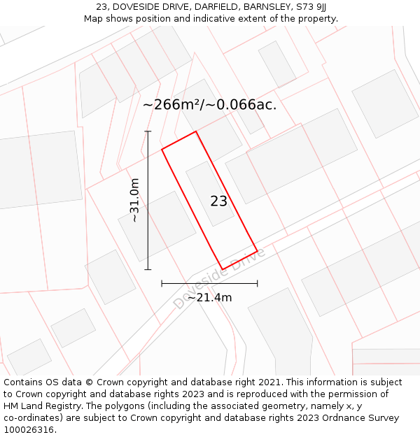 23, DOVESIDE DRIVE, DARFIELD, BARNSLEY, S73 9JJ: Plot and title map