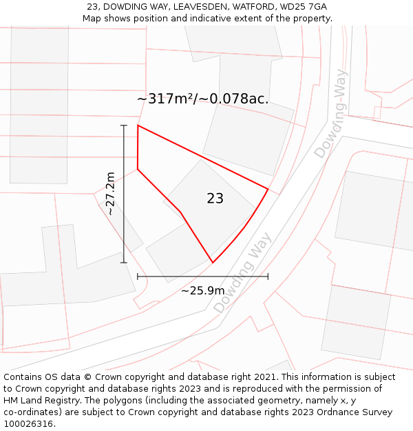 23, DOWDING WAY, LEAVESDEN, WATFORD, WD25 7GA: Plot and title map