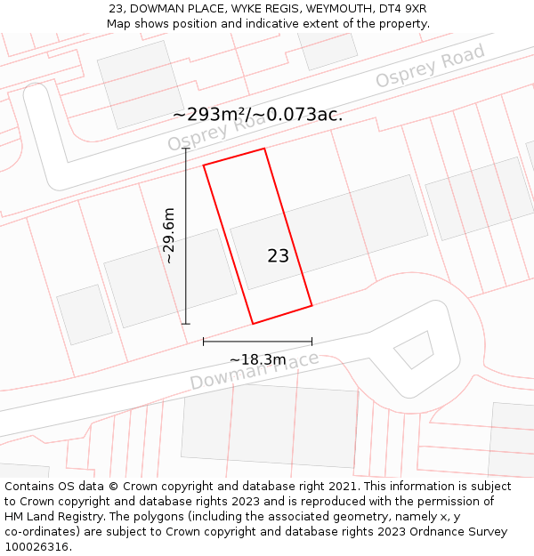 23, DOWMAN PLACE, WYKE REGIS, WEYMOUTH, DT4 9XR: Plot and title map