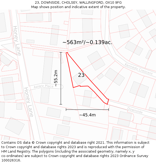 23, DOWNSIDE, CHOLSEY, WALLINGFORD, OX10 9FG: Plot and title map