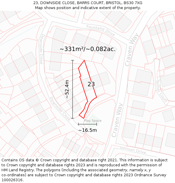 23, DOWNSIDE CLOSE, BARRS COURT, BRISTOL, BS30 7XG: Plot and title map