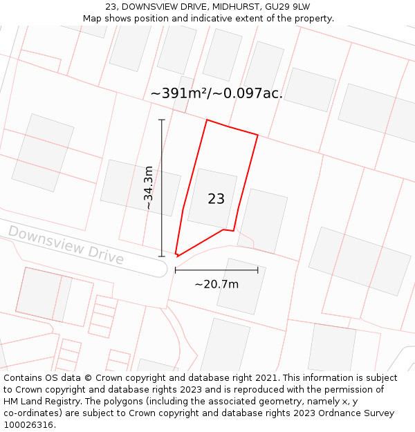 23, DOWNSVIEW DRIVE, MIDHURST, GU29 9LW: Plot and title map