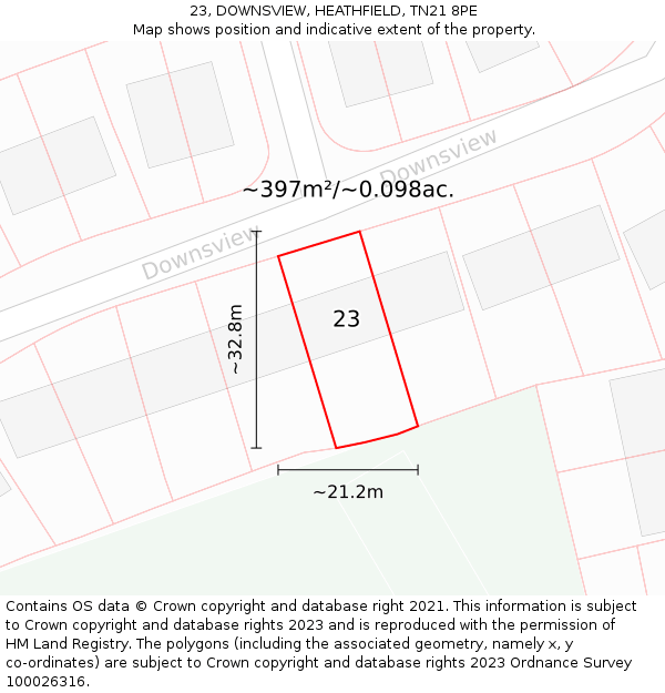 23, DOWNSVIEW, HEATHFIELD, TN21 8PE: Plot and title map
