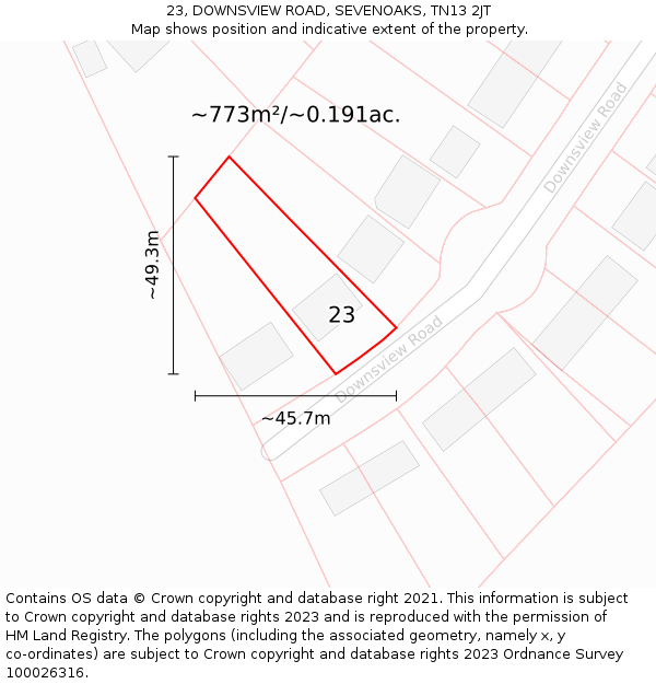23, DOWNSVIEW ROAD, SEVENOAKS, TN13 2JT: Plot and title map