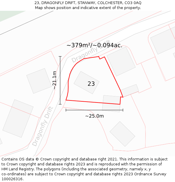 23, DRAGONFLY DRIFT, STANWAY, COLCHESTER, CO3 0AQ: Plot and title map