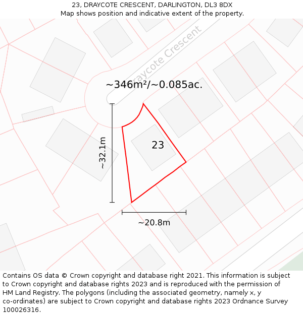 23, DRAYCOTE CRESCENT, DARLINGTON, DL3 8DX: Plot and title map