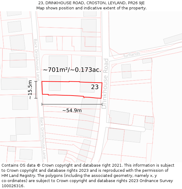 23, DRINKHOUSE ROAD, CROSTON, LEYLAND, PR26 9JE: Plot and title map