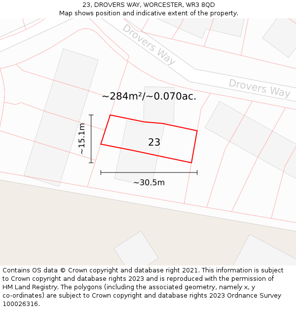 23, DROVERS WAY, WORCESTER, WR3 8QD: Plot and title map