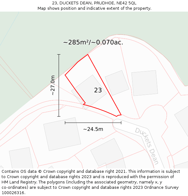 23, DUCKETS DEAN, PRUDHOE, NE42 5QL: Plot and title map