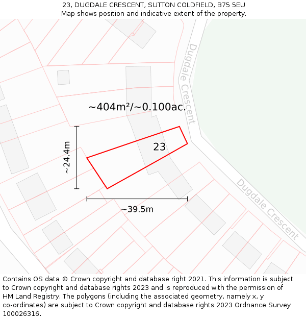23, DUGDALE CRESCENT, SUTTON COLDFIELD, B75 5EU: Plot and title map