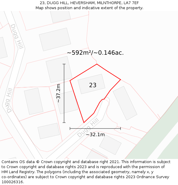 23, DUGG HILL, HEVERSHAM, MILNTHORPE, LA7 7EF: Plot and title map