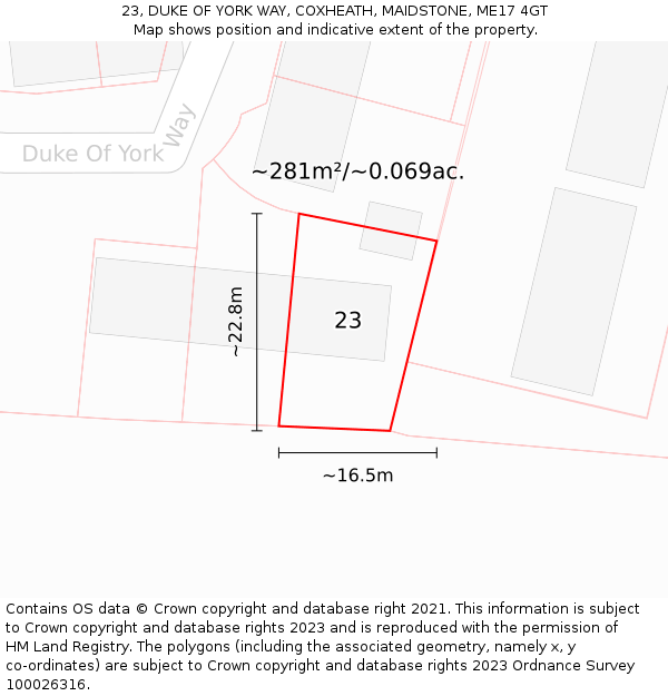 23, DUKE OF YORK WAY, COXHEATH, MAIDSTONE, ME17 4GT: Plot and title map
