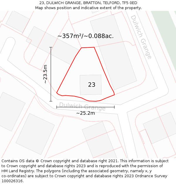 23, DULWICH GRANGE, BRATTON, TELFORD, TF5 0ED: Plot and title map