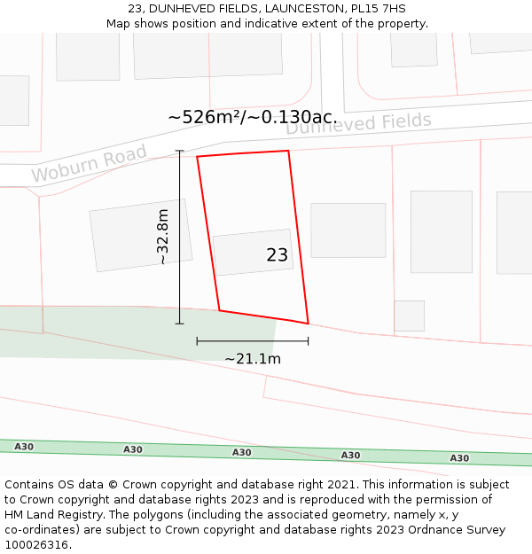 23, DUNHEVED FIELDS, LAUNCESTON, PL15 7HS: Plot and title map