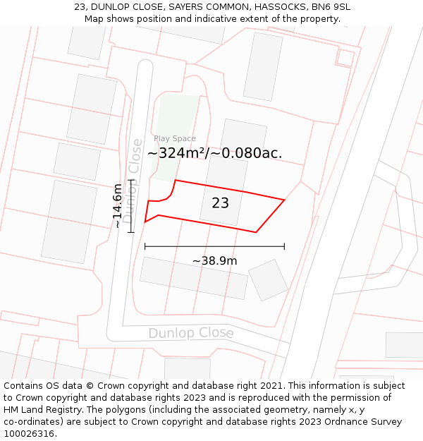 23, DUNLOP CLOSE, SAYERS COMMON, HASSOCKS, BN6 9SL: Plot and title map