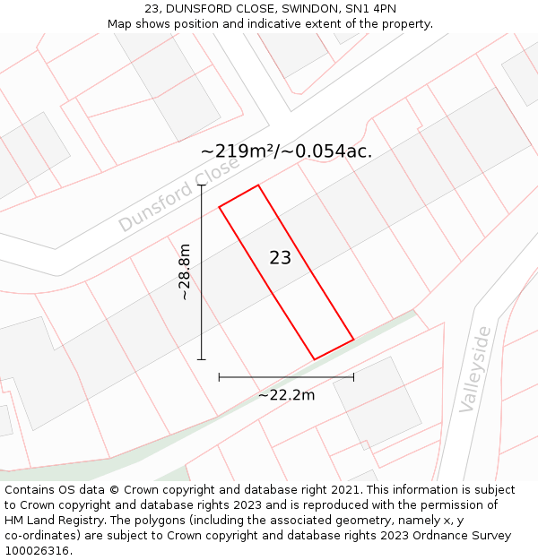 23, DUNSFORD CLOSE, SWINDON, SN1 4PN: Plot and title map