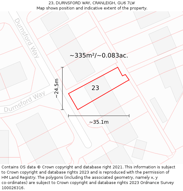 23, DURNSFORD WAY, CRANLEIGH, GU6 7LW: Plot and title map