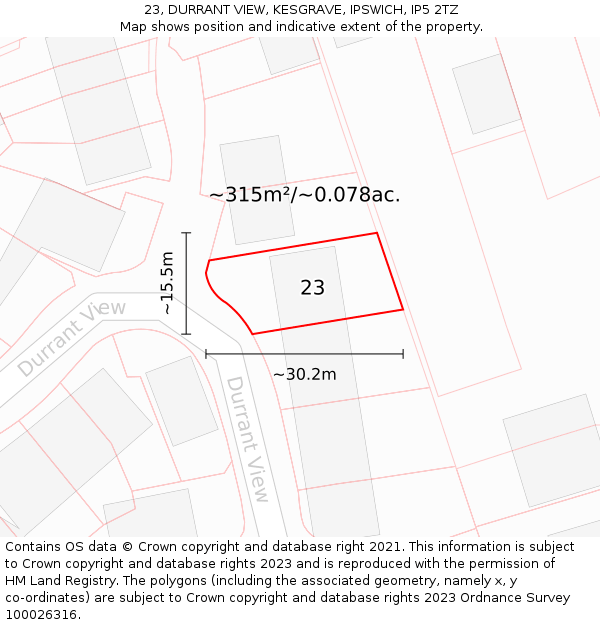 23, DURRANT VIEW, KESGRAVE, IPSWICH, IP5 2TZ: Plot and title map
