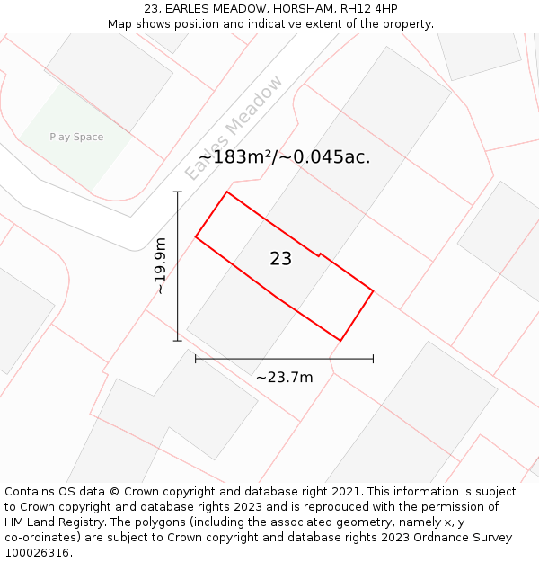 23, EARLES MEADOW, HORSHAM, RH12 4HP: Plot and title map