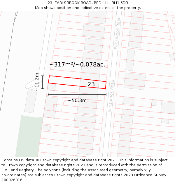 23, EARLSBROOK ROAD, REDHILL, RH1 6DR: Plot and title map