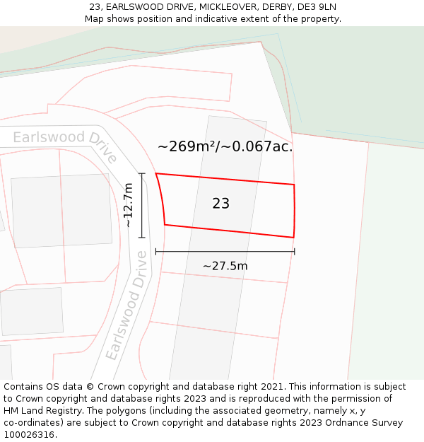 23, EARLSWOOD DRIVE, MICKLEOVER, DERBY, DE3 9LN: Plot and title map
