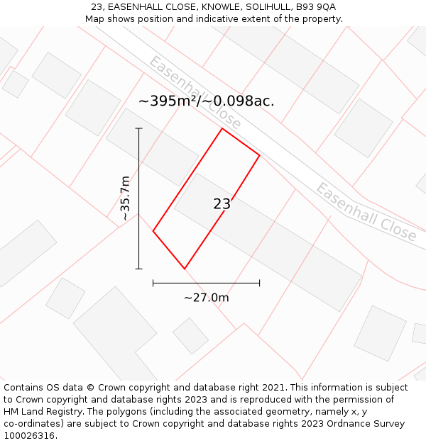 23, EASENHALL CLOSE, KNOWLE, SOLIHULL, B93 9QA: Plot and title map