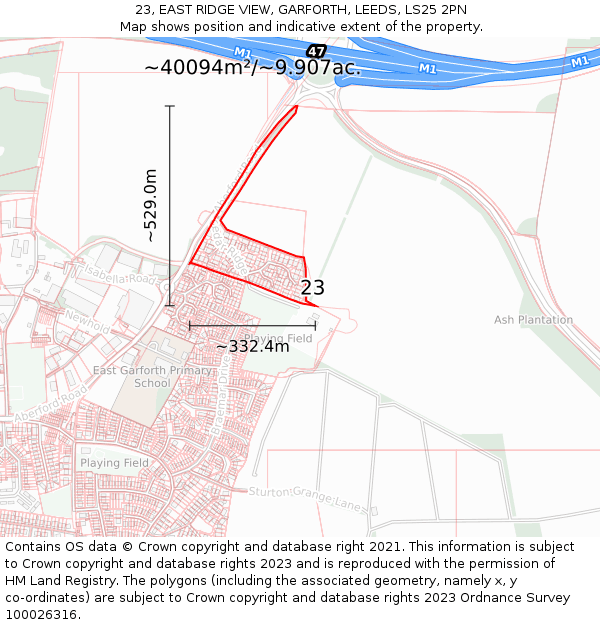 23, EAST RIDGE VIEW, GARFORTH, LEEDS, LS25 2PN: Plot and title map
