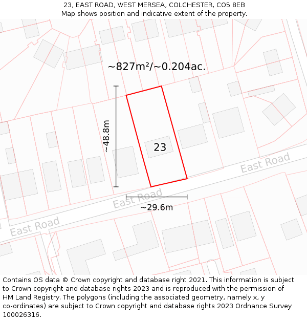23, EAST ROAD, WEST MERSEA, COLCHESTER, CO5 8EB: Plot and title map