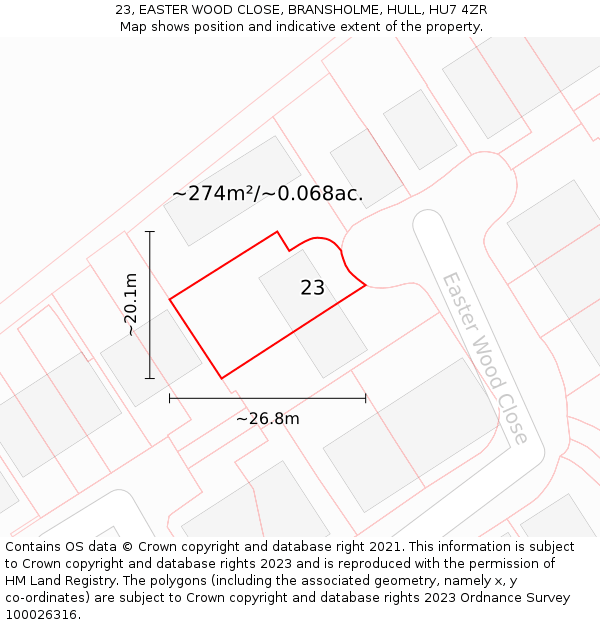23, EASTER WOOD CLOSE, BRANSHOLME, HULL, HU7 4ZR: Plot and title map