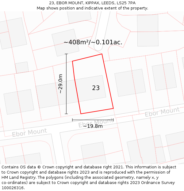 23, EBOR MOUNT, KIPPAX, LEEDS, LS25 7PA: Plot and title map