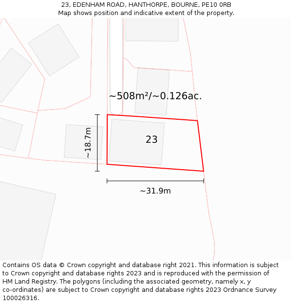 23, EDENHAM ROAD, HANTHORPE, BOURNE, PE10 0RB: Plot and title map