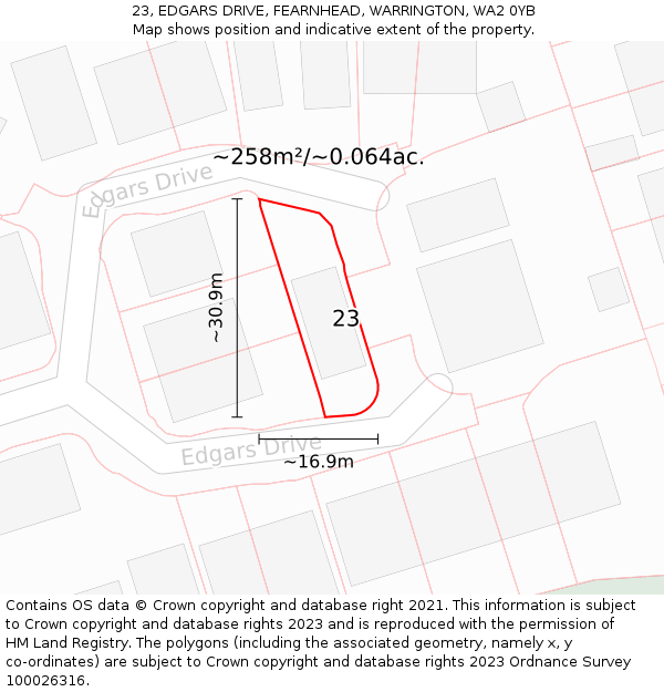 23, EDGARS DRIVE, FEARNHEAD, WARRINGTON, WA2 0YB: Plot and title map