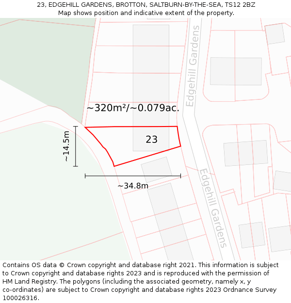23, EDGEHILL GARDENS, BROTTON, SALTBURN-BY-THE-SEA, TS12 2BZ: Plot and title map
