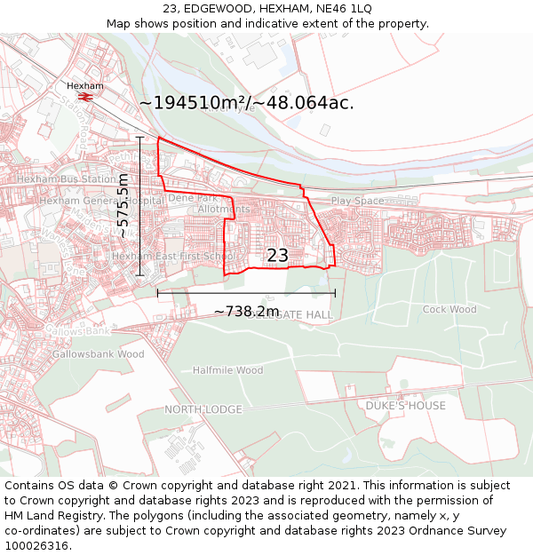 23, EDGEWOOD, HEXHAM, NE46 1LQ: Plot and title map