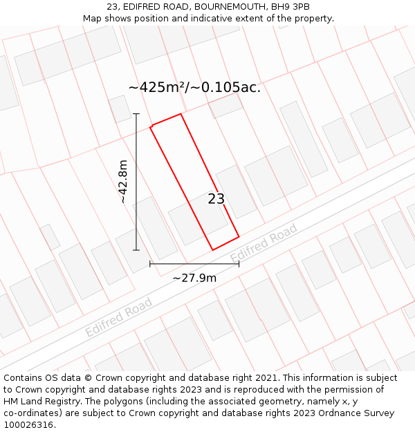 23, EDIFRED ROAD, BOURNEMOUTH, BH9 3PB: Plot and title map
