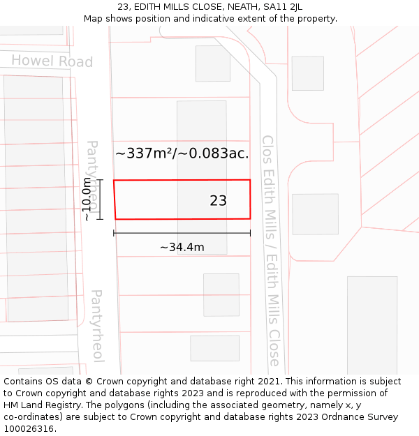 23, EDITH MILLS CLOSE, NEATH, SA11 2JL: Plot and title map