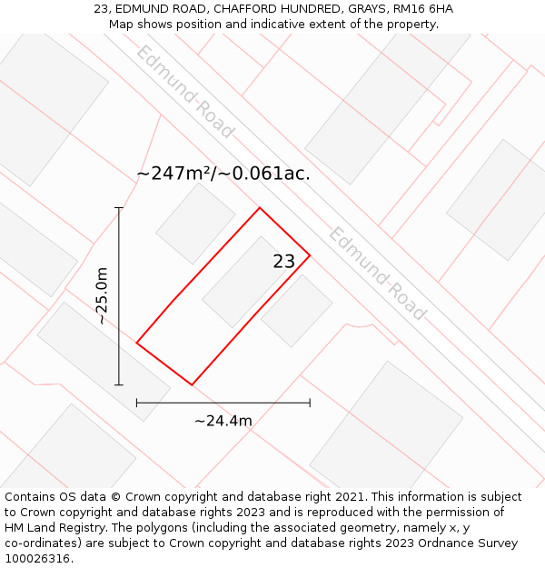 23, EDMUND ROAD, CHAFFORD HUNDRED, GRAYS, RM16 6HA: Plot and title map