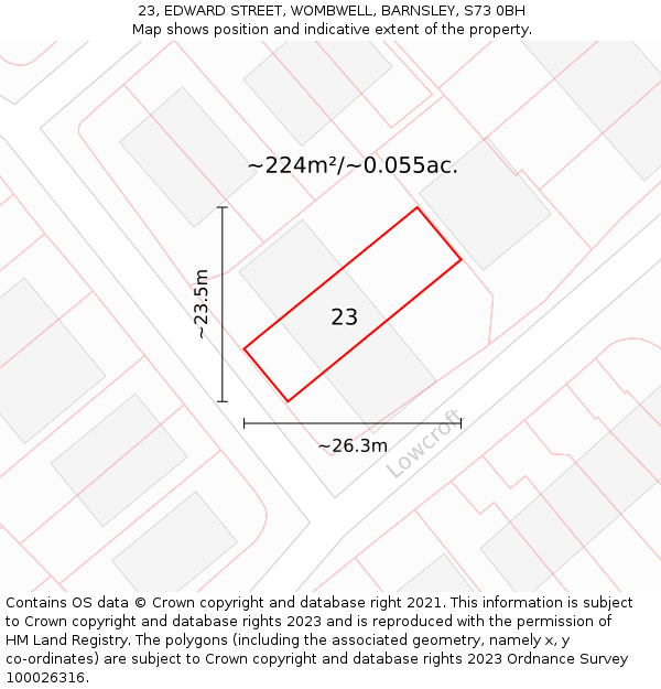 23, EDWARD STREET, WOMBWELL, BARNSLEY, S73 0BH: Plot and title map